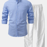Seersucker Striped Stand Collar Shirt & Straight Leg Linen Pants Set