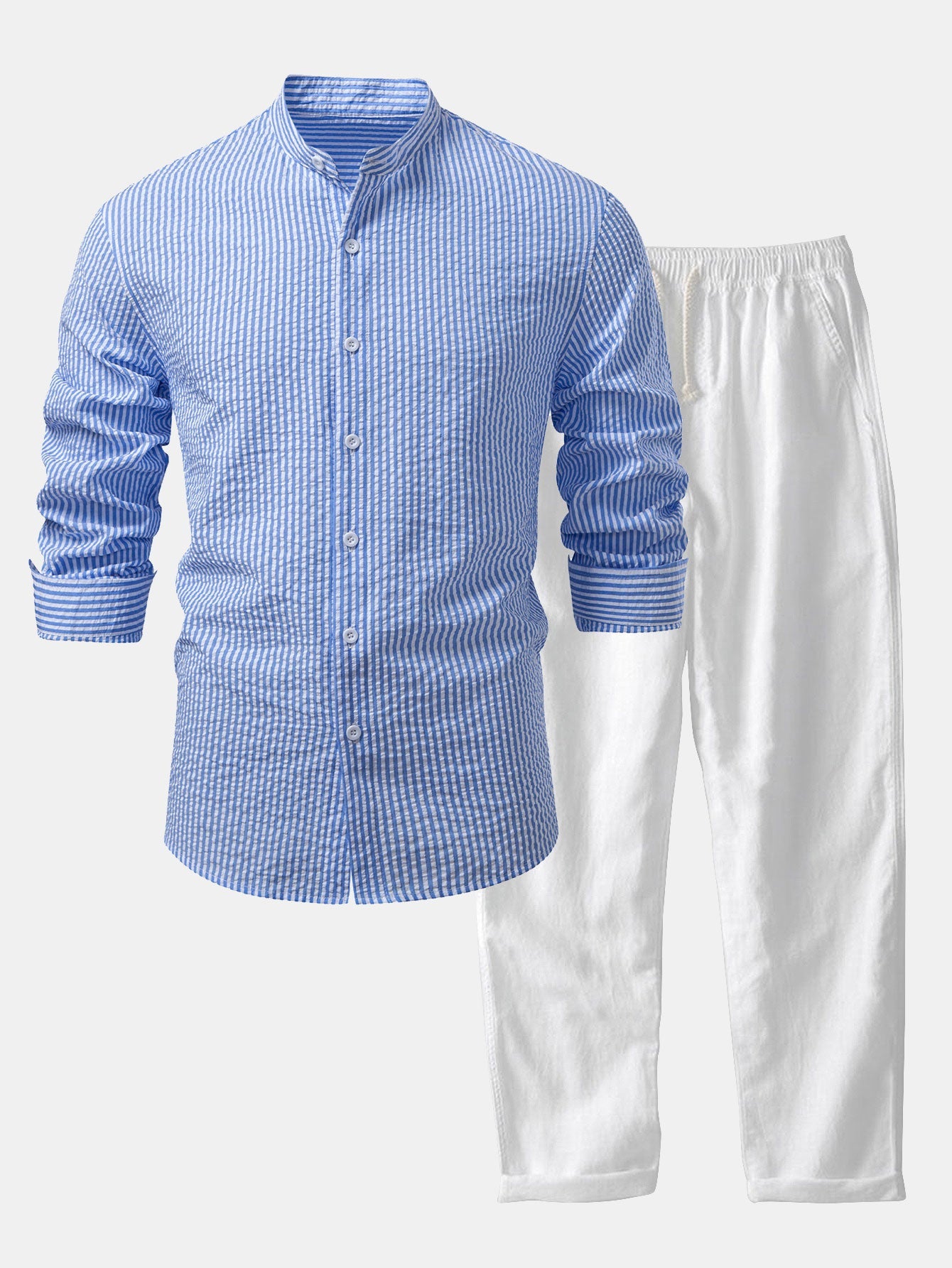Seersucker Striped Stand Collar Shirt & Straight Leg Linen Pants Set