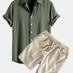 Linen Rayon Blend Shirt & Linen Cotton Blend Drawstring Shorts Set