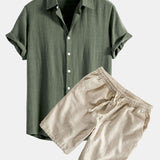 Linen Rayon Blend Shirt & Linen Cotton Blend Drawstring Shorts Set