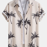 Palm Tree Print Shirt & Linen Cotton Blend Drawstring Shorts Set