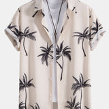 Palm Tree Print Shirt & Linen Cotton Blend Drawstring Shorts Set
