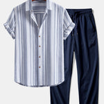 Stripe Linen Shirt & Crinkle Textured Straight Leg Pants Set