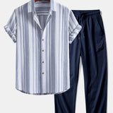 Stripe Linen Shirt & Crinkle Textured Straight Leg Pants Set