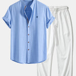 Short Sleeve Linen Stand Collar Shirt & Crinkle Textured Pants Set
