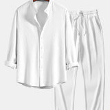 Long Sleeve Muscle Fit Ribbed Stand Collar Shirt & Ribbed Pants Set