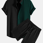Two Tone Muscle Fit Ribbed Stand Collar Shirt & Shorts Set