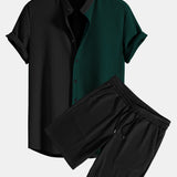 Two Tone Muscle Fit Ribbed Stand Collar Shirt & Shorts Set