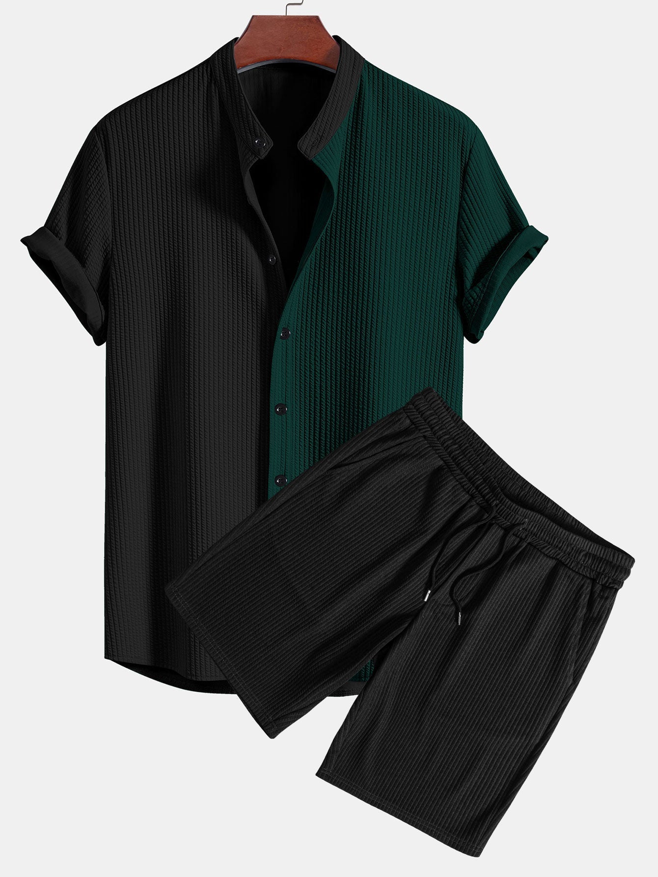 Two Tone Muscle Fit Ribbed Stand Collar Shirt & Shorts Set