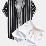 Striped Button Up Shirt & Man Mid Length Drawstring Swim Shorts Set