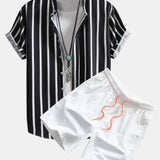Striped Button Up Shirt & Man Mid Length Drawstring Swim Shorts Set