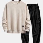 Geometric Striped Sweatshirt & Drawstring Corduroy Cargo Jogger Pants Set