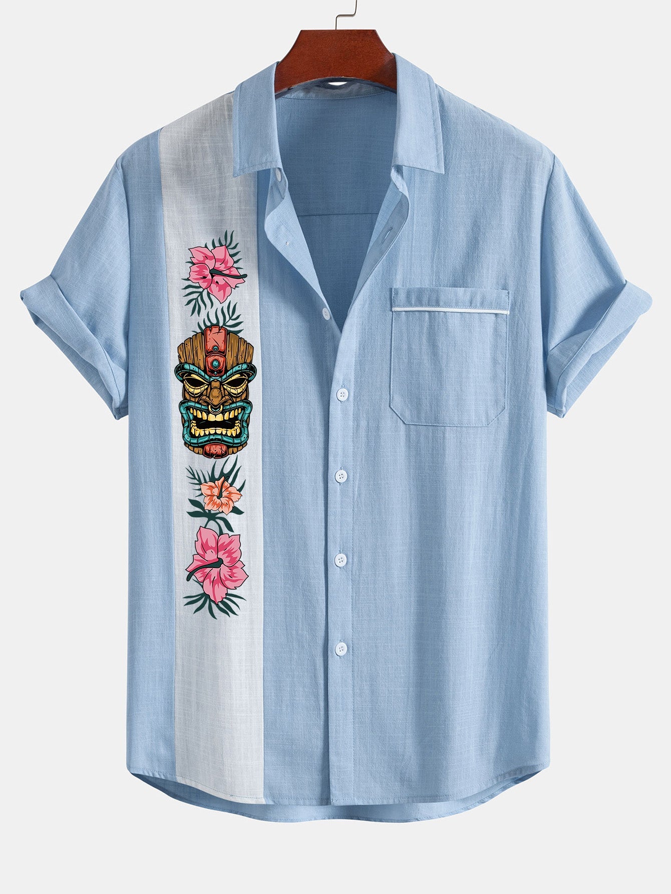 Tiki Tribe Hawaii Print Linen Contrast Button Up Shirt