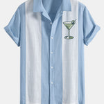 Vintage Martini Cocktail Print Linen Patchwork Bowling Shirt