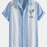 Vintage Martini Cocktail Print Linen Patchwork Bowling Shirt
