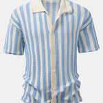 Drop Shoulder Stripe Crochet Shirt & Straight Leg Linen Pants Set