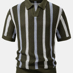 Striped Crochet V Neck Polo & Crinkle Textured Drawstring 5" Shorts Set