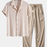 Short Sleeve Knitted Waffle Cuban Shirt & Crinkle Textured Pants Set
