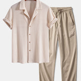 Short Sleeve Knitted Waffle Cuban Shirt & Crinkle Textured Pants Set