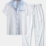 Textured Contrast Cuban Shirt & Straight Leg Pants Set