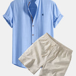 Short Sleeve Linen Shirt & Linen Blend Drawstring 7" Shorts Set