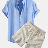 Short Sleeve Linen Shirt & Linen Blend Drawstring 7" Shorts Set