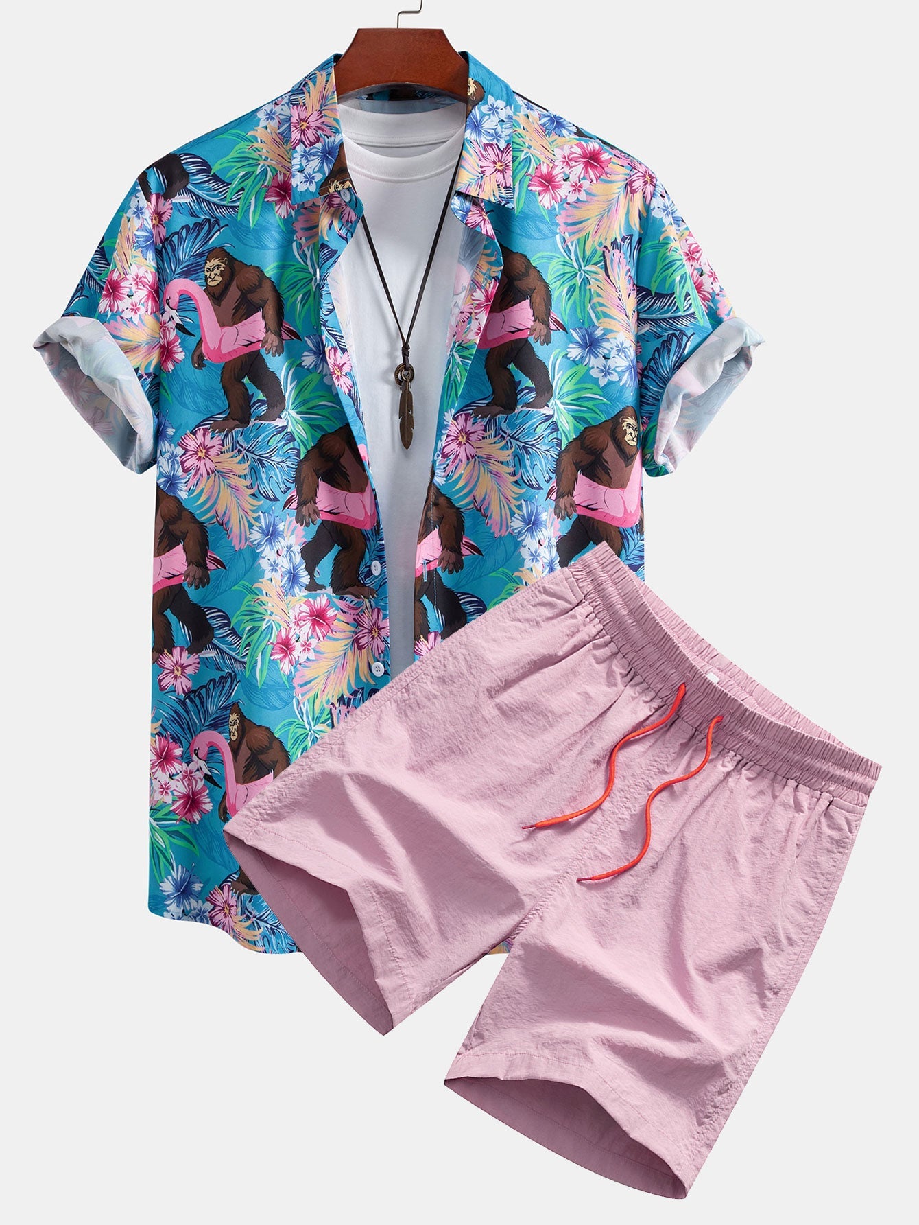 Tropical Plants and Orangutan Print Shirt & Swim Shorts Set
