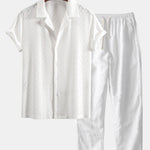 Muscle Fit Diamond Texture Cuban Shirt & Straight Leg Linen Pants Set