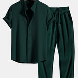 Muscle Fit Ribbed Stand Collar Shirt & Straight Leg Ribbed Pants Set