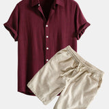Linen Rayon Blend Shirt & Linen Cotton Blend Drawstring Shorts Set