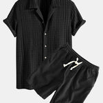 Texture Jacquard Cuban Shirt & Linen Cotton Blend Drawstring Shorts Set