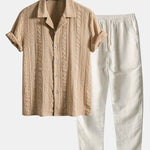 Geometric Jacquard Textured Cuban Shirt & Straight Leg Linen Pants Set