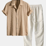 Geometric Jacquard Textured Cuban Shirt & Straight Leg Linen Pants Set