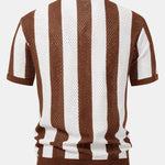 Striped Eyelet Knit Zip Up Polo Shirt & Straight Leg Linen Pants Set