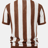 Striped Eyelet Knit Zip Up Polo Shirt & Straight Leg Linen Pants Set