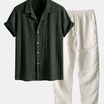Knitted Geometric Rhombus Jacquard Cuban Shirt & Linen Pants Set