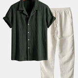 Knitted Geometric Rhombus Jacquard Cuban Shirt & Linen Pants Set