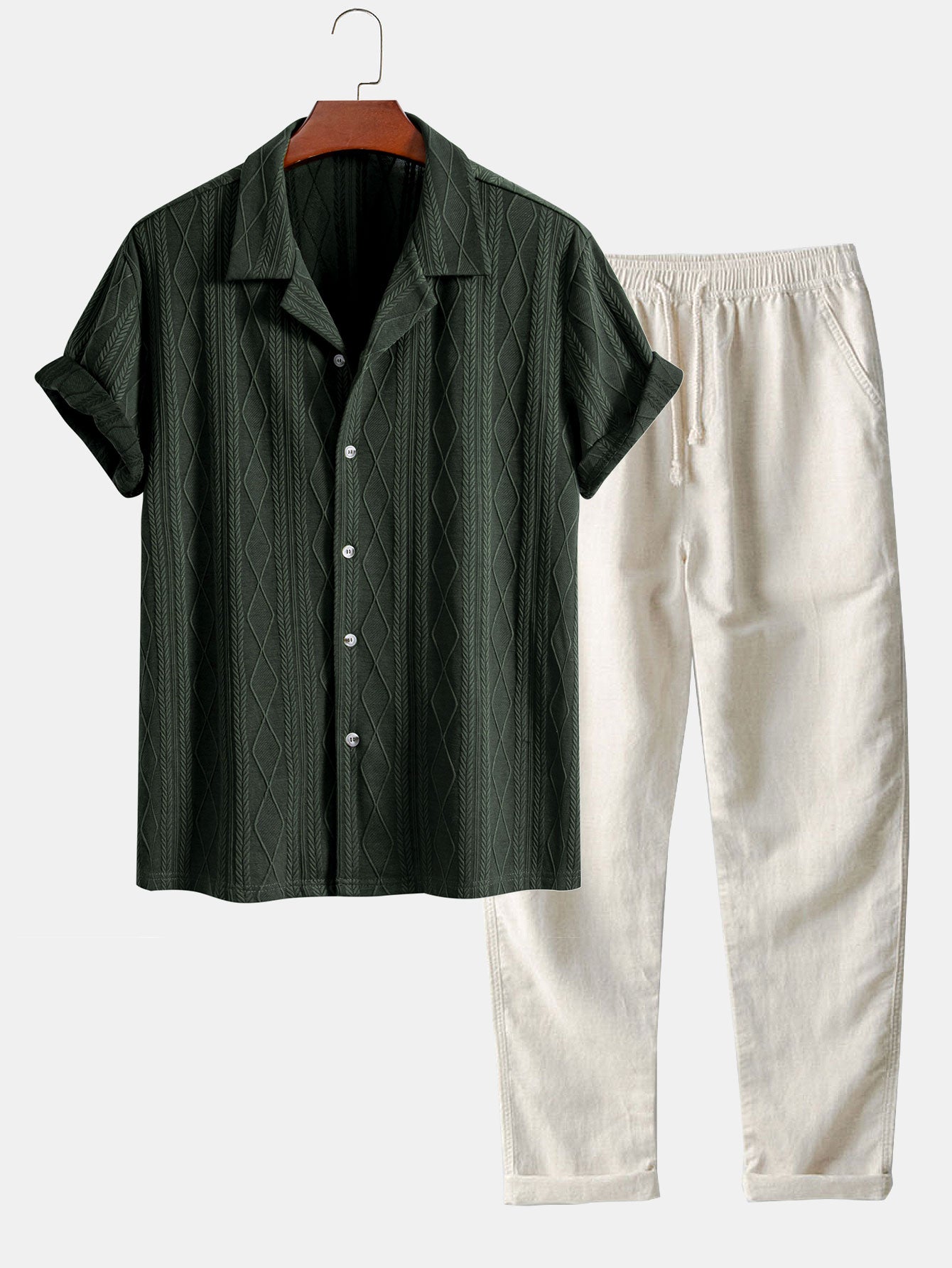 Knitted Geometric Rhombus Jacquard Cuban Shirt & Linen Pants Set