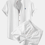 Short Sleeve Linen Shirt & Crinkle Textured Drawstring 5" Shorts Set