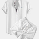 Short Sleeve Linen Shirt & Crinkle Textured Drawstring 5" Shorts Set
