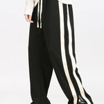 Color Block Patchwork Polo Sweatshirt & Slit Hem Stripe Pants Set