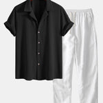 Short Sleeve Waffle Cuban Shirt & Straight Leg Linen Pants Set