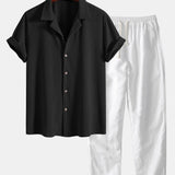Short Sleeve Waffle Cuban Shirt & Straight Leg Linen Pants Set
