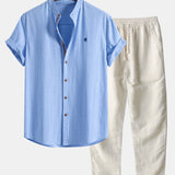 Short Sleeve Linen Stand Collar Shirt & Straight Leg Linen Pants Set