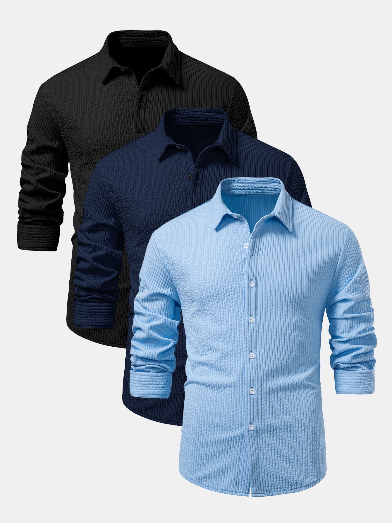 3 Pieces Long Sleeve Muscle Fit Ribbed Button Up Shirt