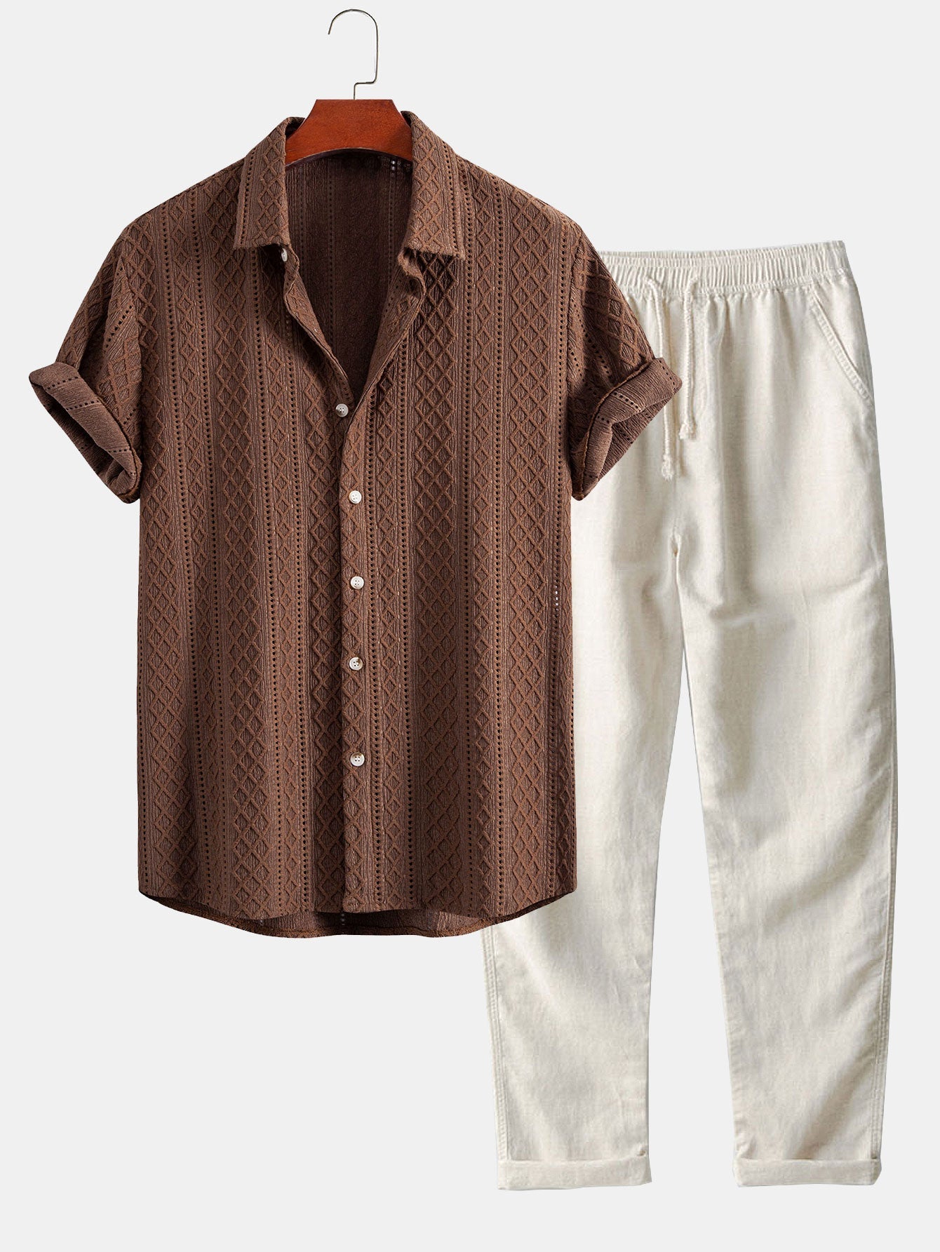 Geometry Rhombus Jacquard Shirt & Straight Leg Linen Pants Set