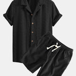 Floral Checkerboard Jacquard Cuban Shirt & Linen Cotton Blend Drawstring Set