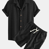 Floral Checkerboard Jacquard Cuban Shirt & Linen Cotton Blend Drawstring Set