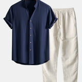 V Neck Linen Rayon Blend Shirt & Straight Leg Linen Pants Set