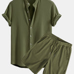 Waffle Stand Collar Shirt & Drawstring Waffle Shorts Set